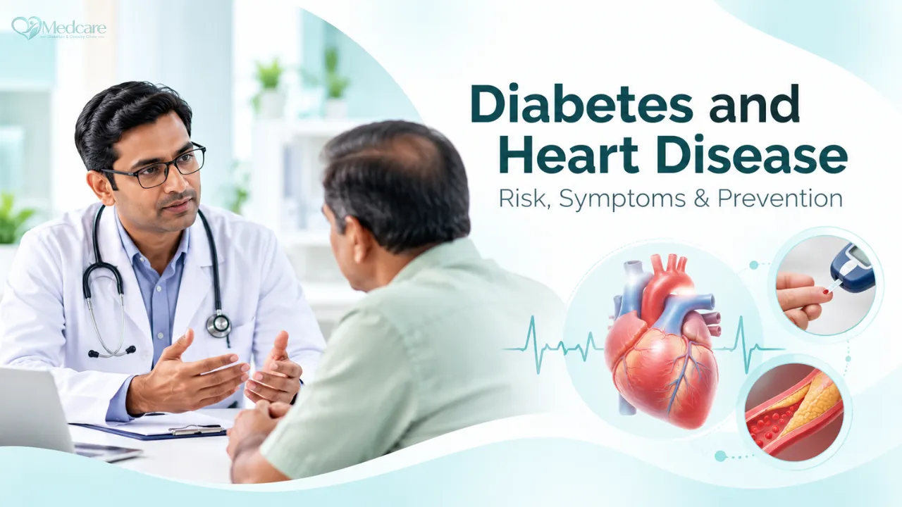 Illustrated banner about diabetes, heart disease risk, symptoms and prevention