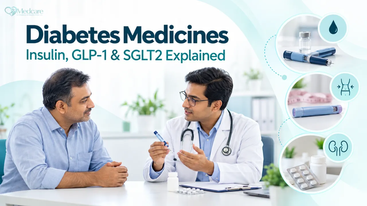 Illustrated banner about diabetes medicines, insulin, GLP-1 and SGLT2 drugs