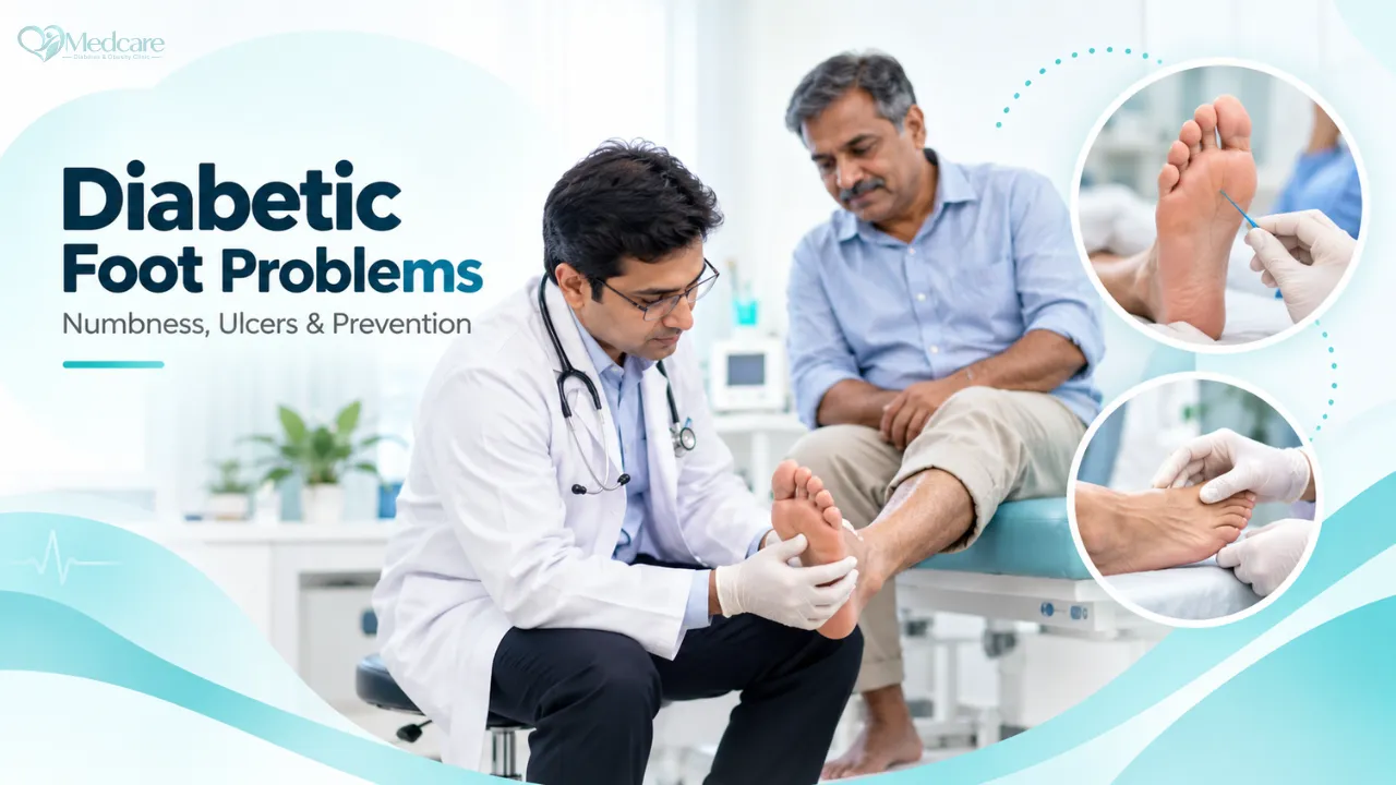 Illustrated banner about diabetic foot problems, numbness, ulcers and prevention