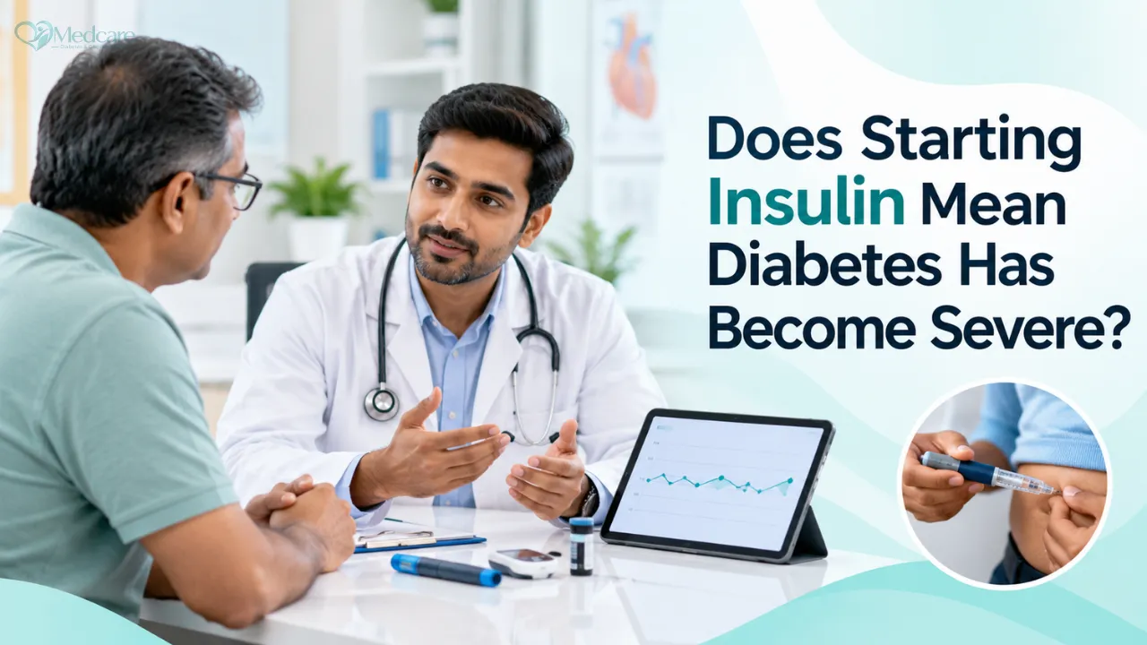A reassuring illustration of a doctor explaining an insulin pen to a patient