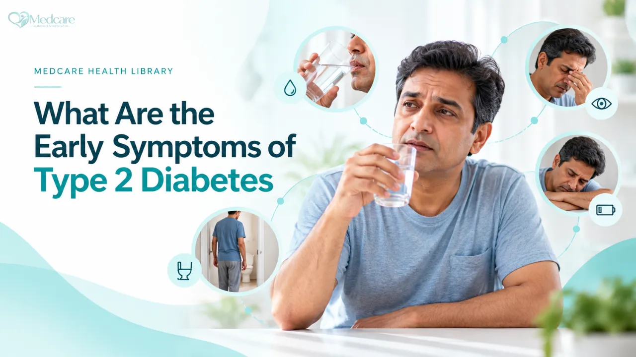 A middle-aged Indian man sitting at a clinic desk while a doctor explains a blood sugar