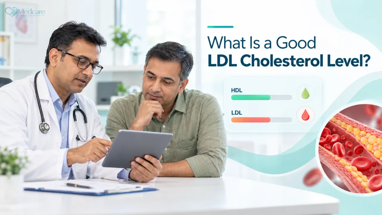 A doctor and an Indian woman in her forties looking at a lipid report together