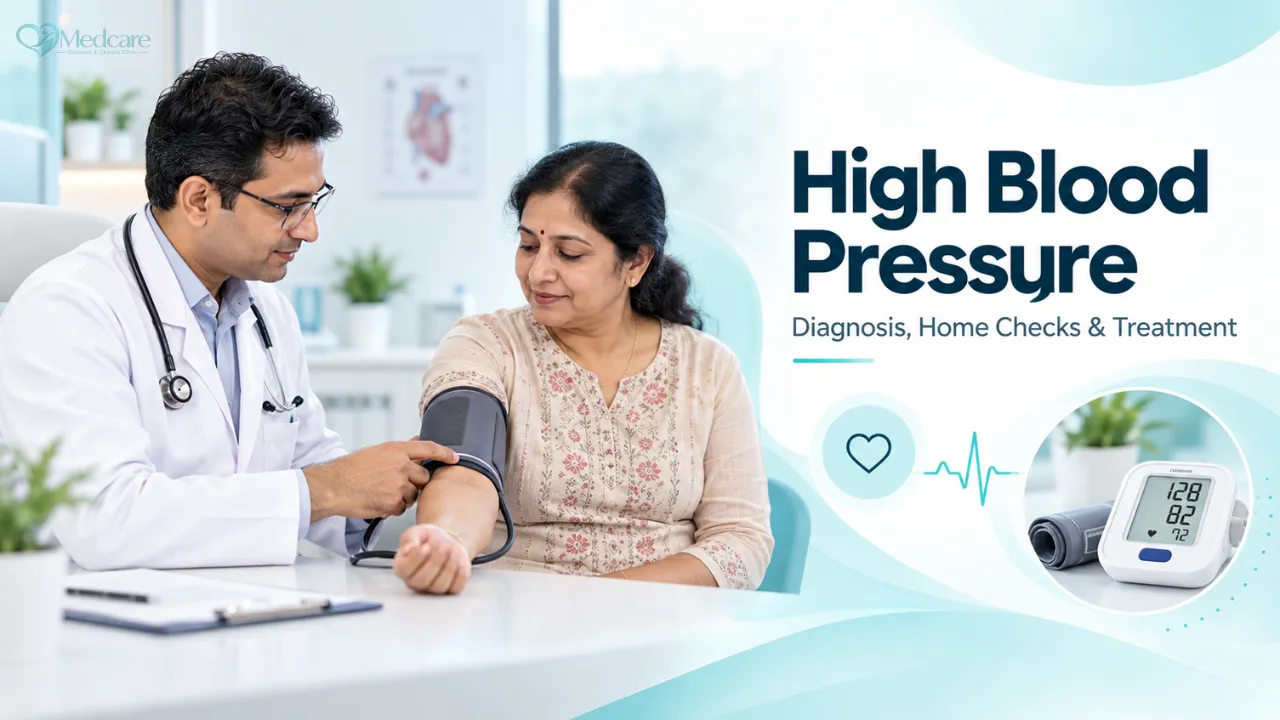 Illustrated banner about high blood pressure diagnosis, home checks and treatment