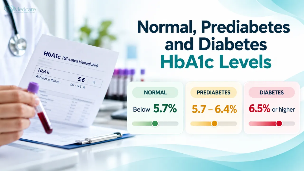 A doctor pointing to an HbA1c report while explaining it to a patient across a desk