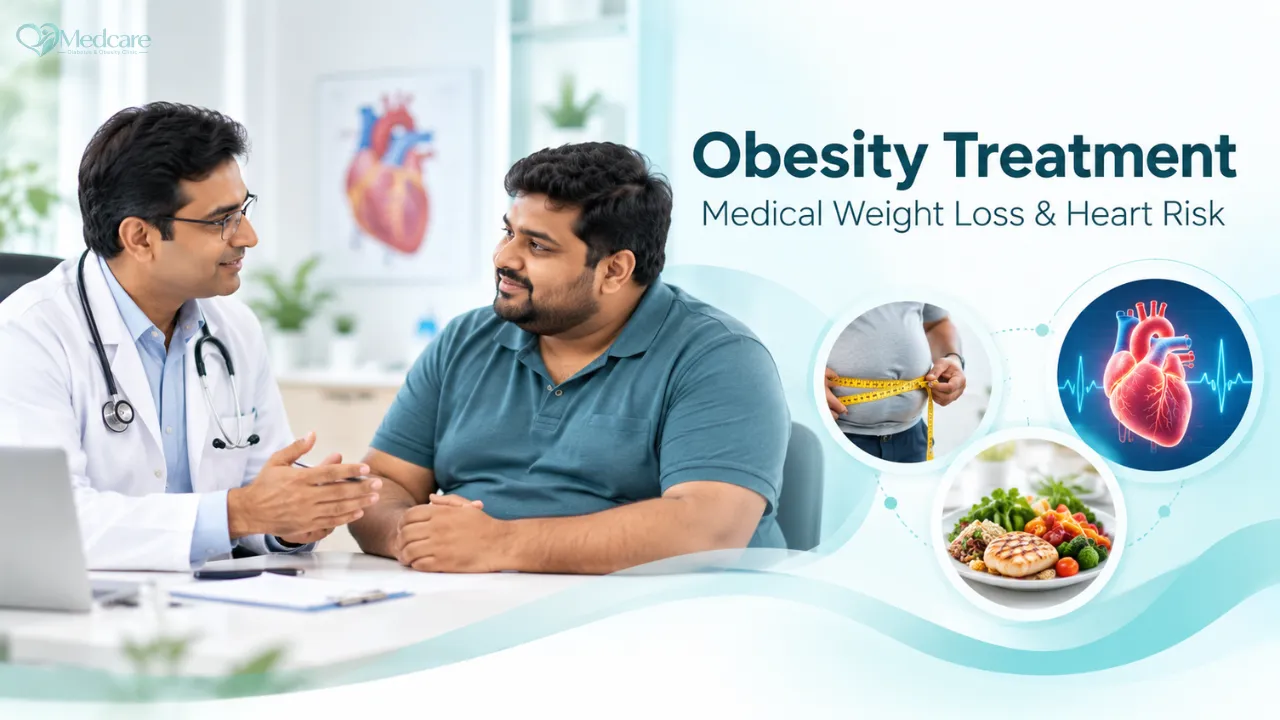 Illustrated banner about obesity treatment, medical weight loss and heart risk