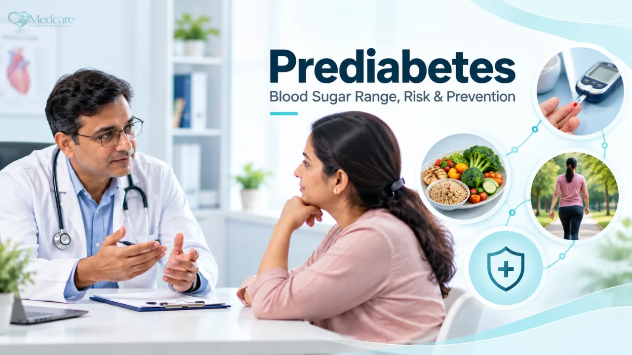Illustrated banner about prediabetes blood sugar range, risk and prevention