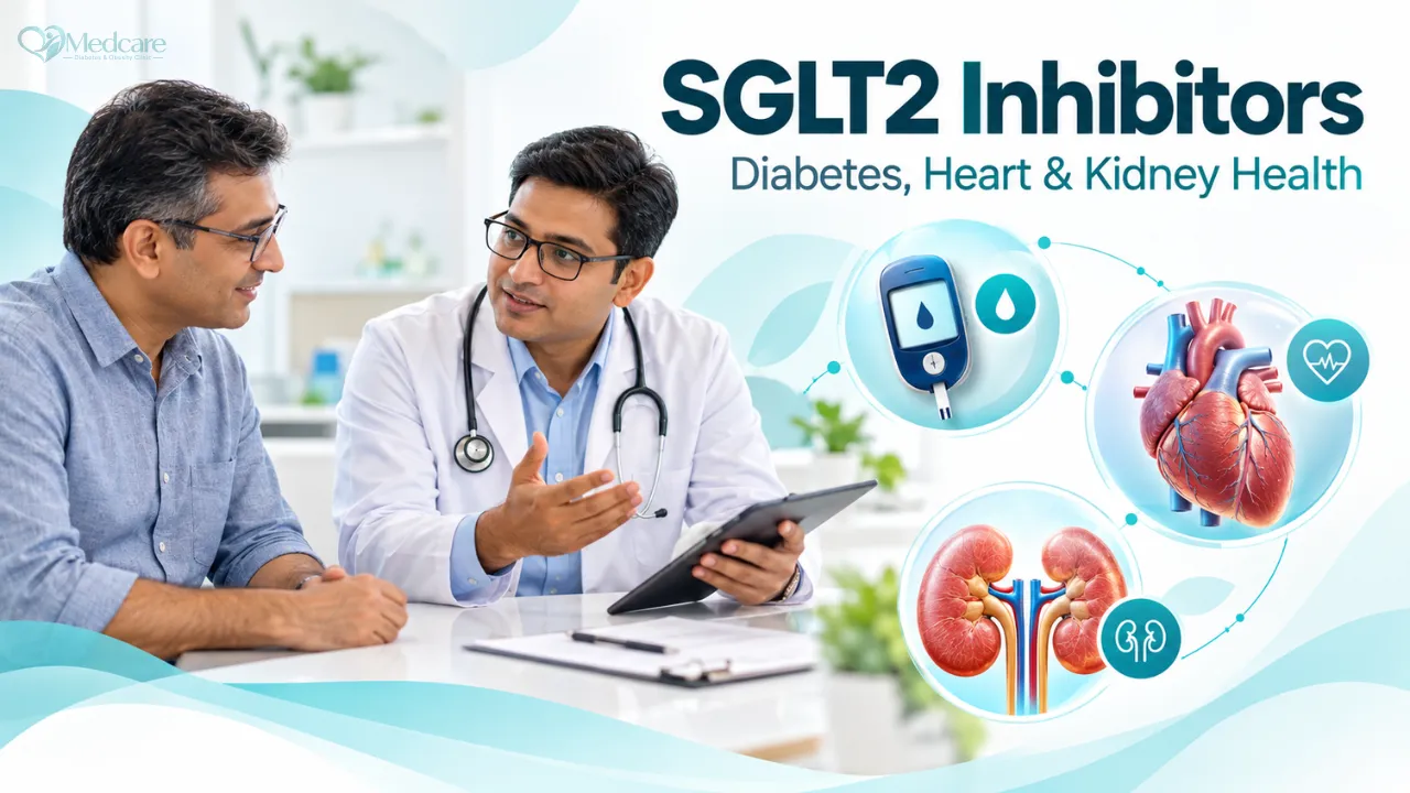 An Indian doctor explaining a simple kidney and heart diagram on a tablet