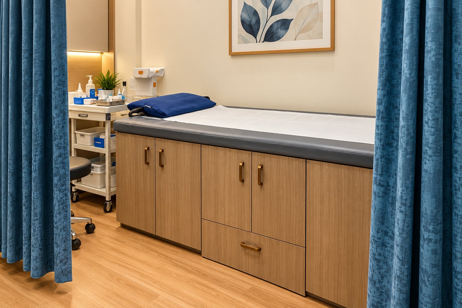 Examination couch behind privacy curtains at Medcare