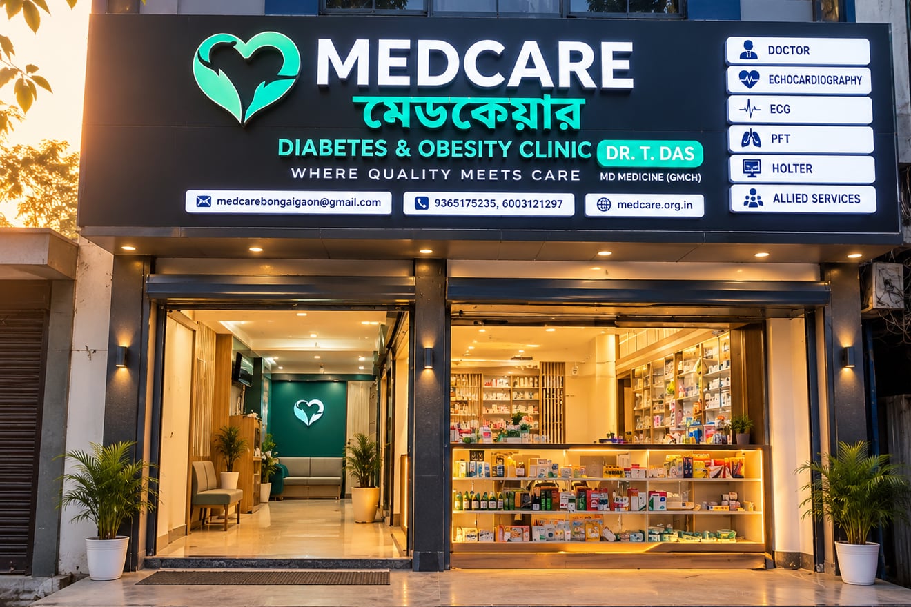 Front of Medcare Diabetes & Obesity Clinic on Chapaguri Road, North Bongaigaon, at dusk