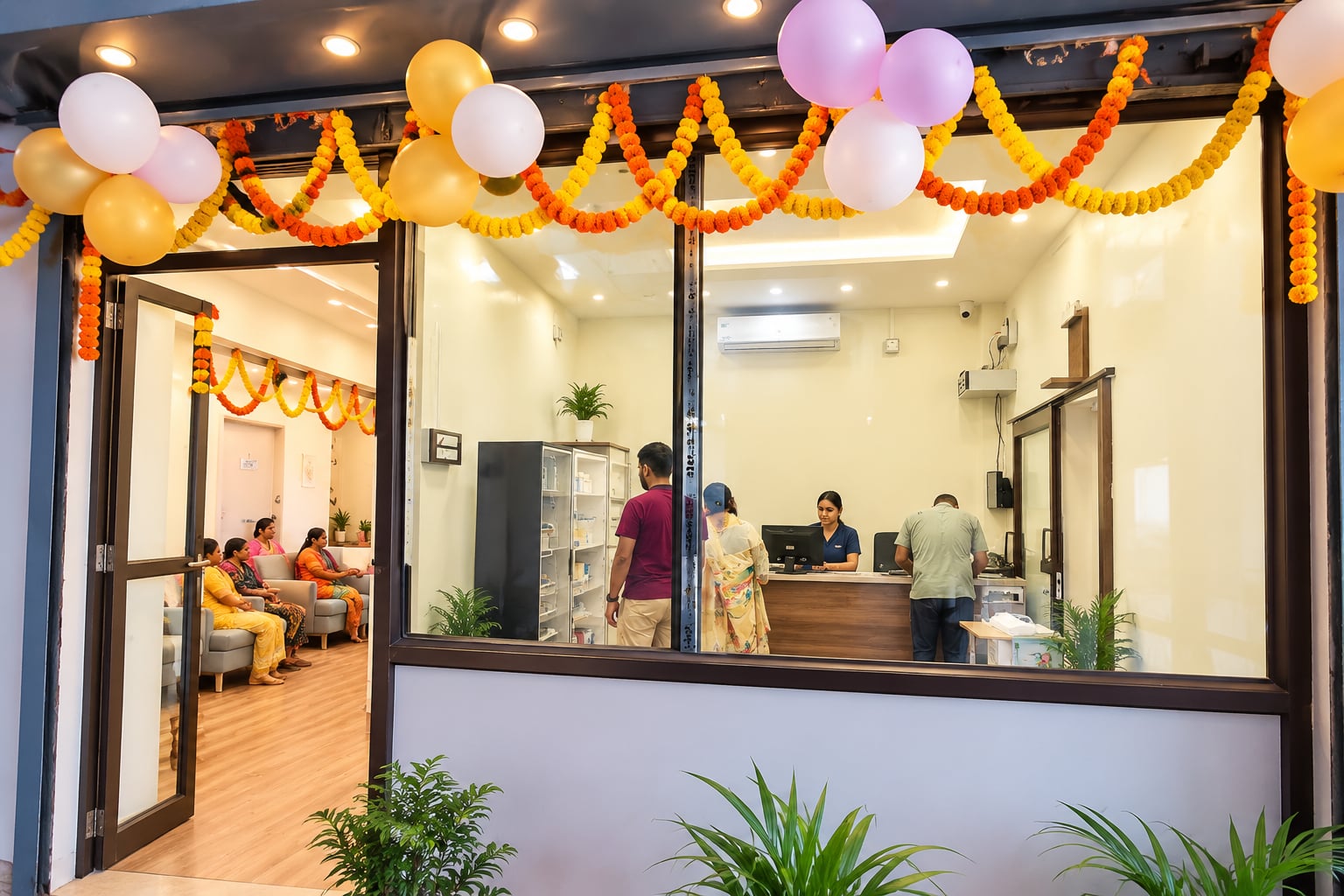 Medcare decorated with marigold garlands on its opening day in September 2023