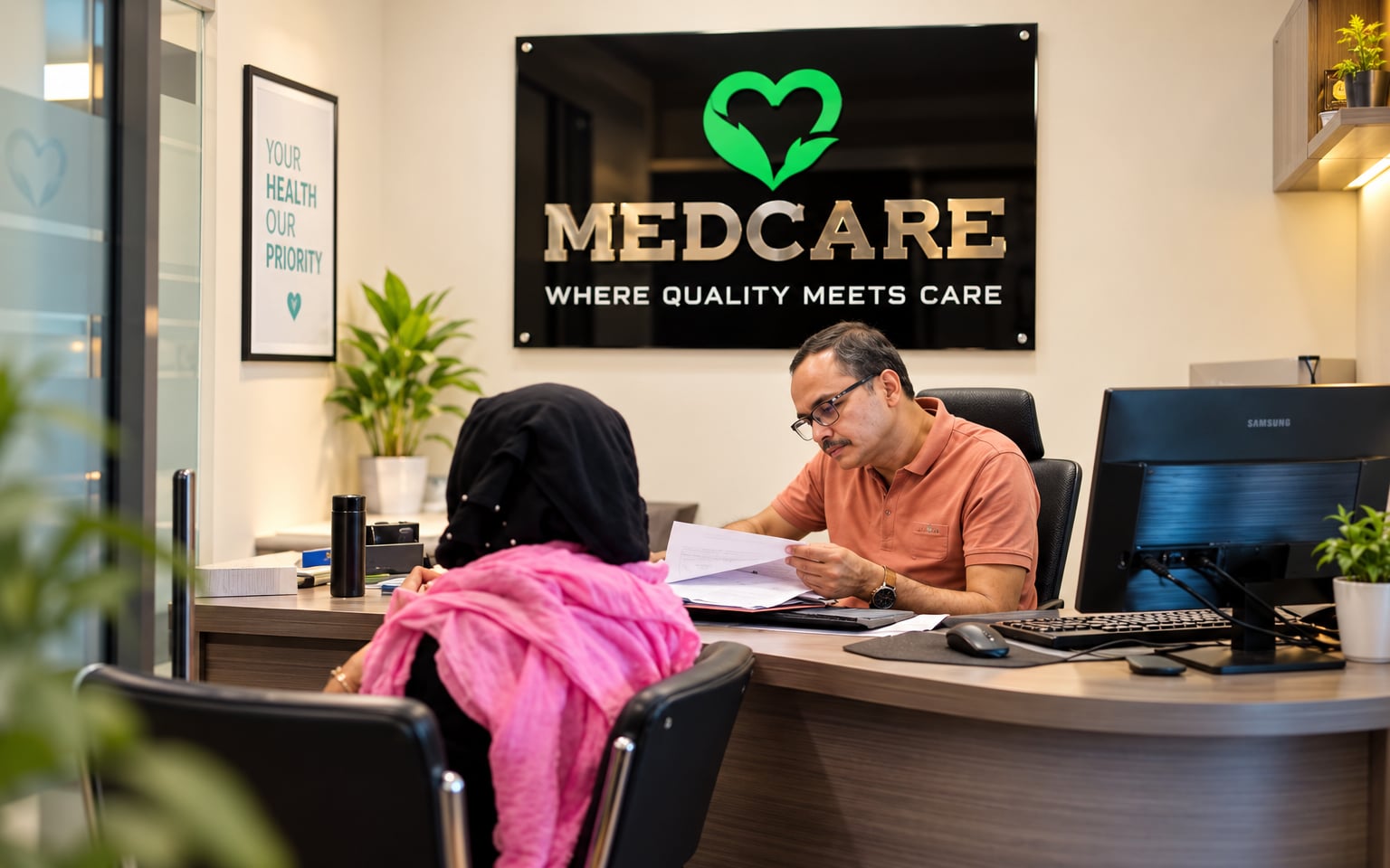 Reception desk at Medcare, where patients register on arrival