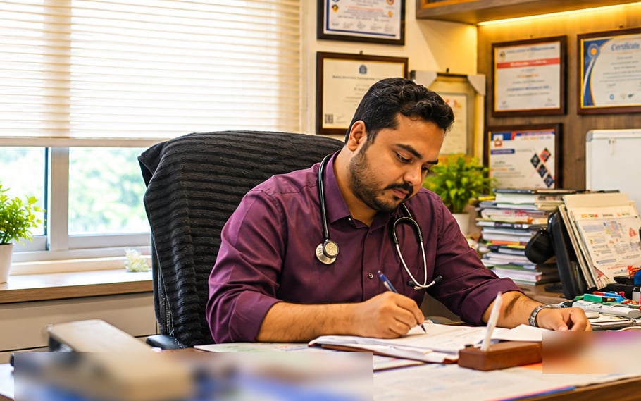 Dr. Tamoghna Das writing a treatment plan at his desk
